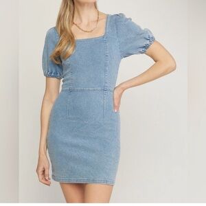 Entro Blue Denim Jean Mini Dress with Puff Sleeves NWT- Size M